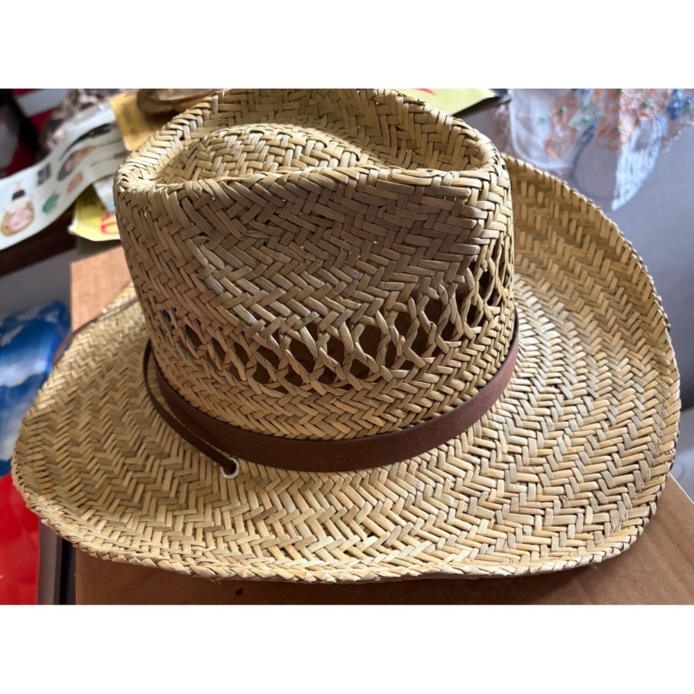 Broner Ventilated Western Straw Cowboy Hat Leather Chin Strap Size Large - Picture 7 of 15